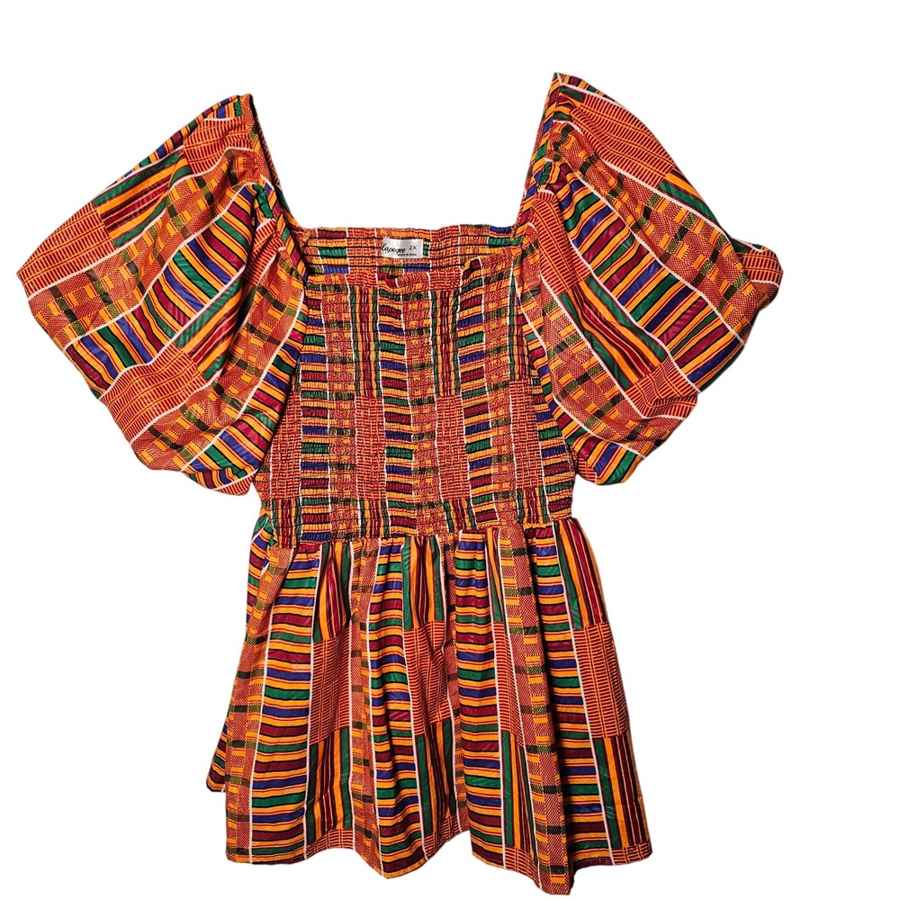 Lapogee Womens Smocked Kente Print Puff Sleeve Blouse 2X Multicolor Boho